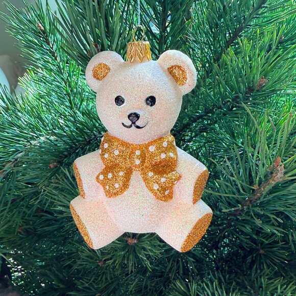 Sparkling White Gold Glass Teddy Bear Christmas Ornament Glittery Heirloom Decor - Picture 7 of 7
